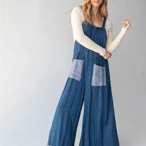Natural Life Cotton Blue Polka Dot Wide-Leg Jumpsuit with Contrast Pockets
